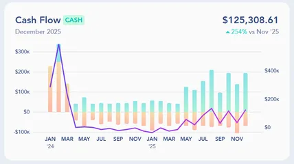 Cash Flow Report showing $125,308.61 – 254% growth vs prior month