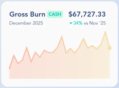 Gross Burn Report showing $67,727.33 – 34% decrease vs prior month